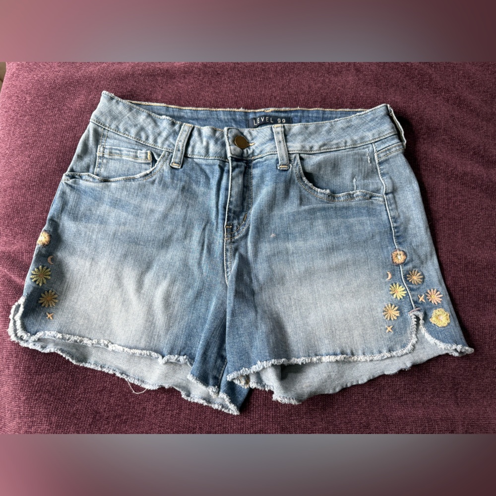 Level 99 Floral Faded Embroidered Denim Shorts